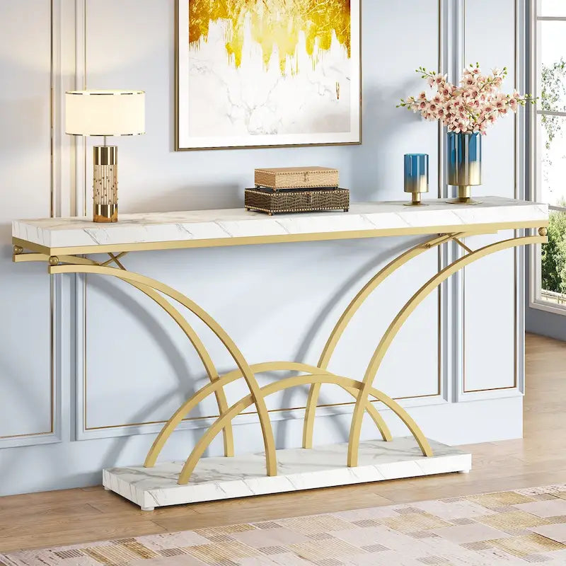 Console en marbre synthétique blanc et structure dorée de 180 cm de long pour entrée ou salon