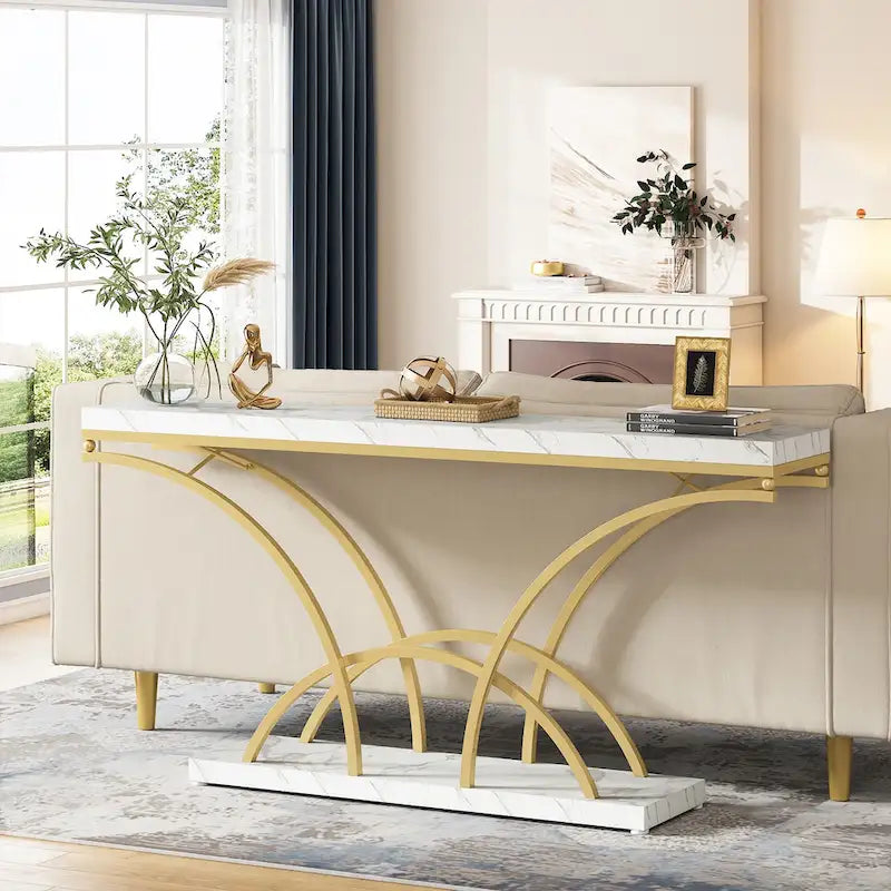 Console en marbre synthétique blanc et structure dorée de 180 cm de long pour entrée ou salon
