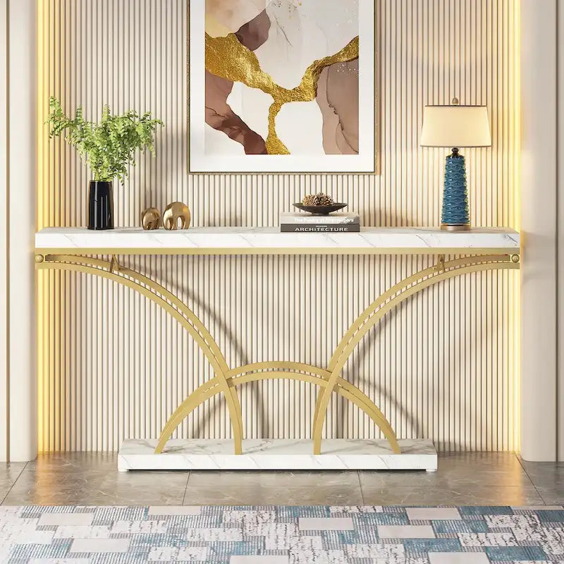 Console en marbre synthétique blanc et structure dorée de 180 cm de long pour entrée ou salon