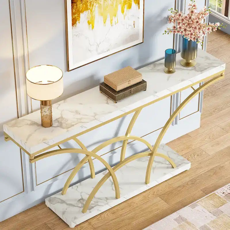 Console en marbre synthétique blanc et structure dorée de 180 cm de long pour entrée ou salon