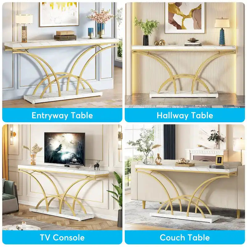 Console en marbre synthétique blanc et structure dorée de 180 cm de long pour entrée ou salon