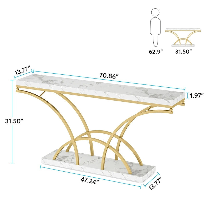Console en marbre synthétique blanc et structure dorée de 180 cm de long pour entrée ou salon