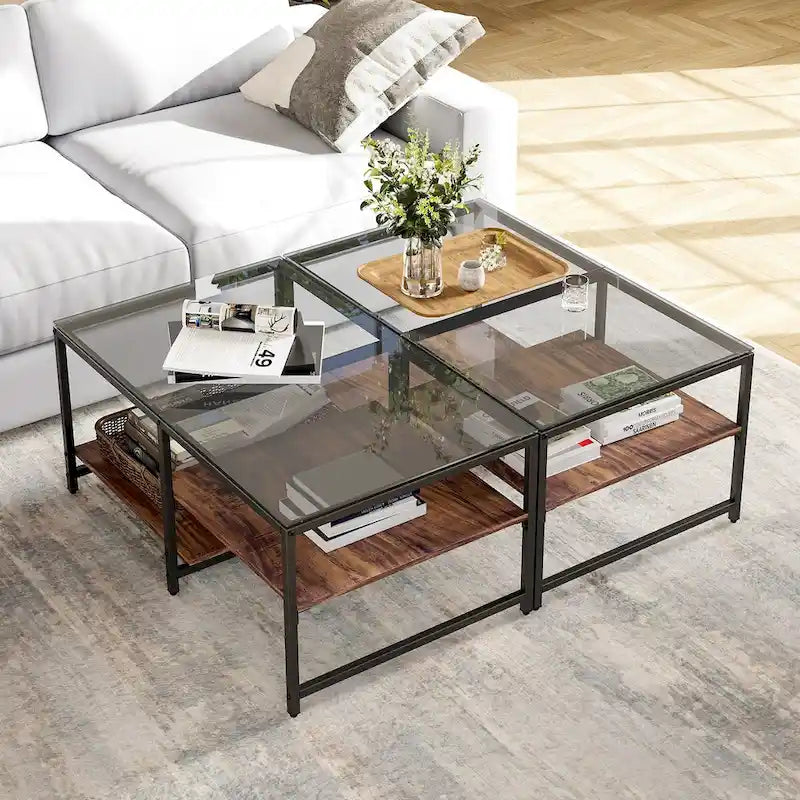 Table basse de ferme en verre avec rangement, métal et bois