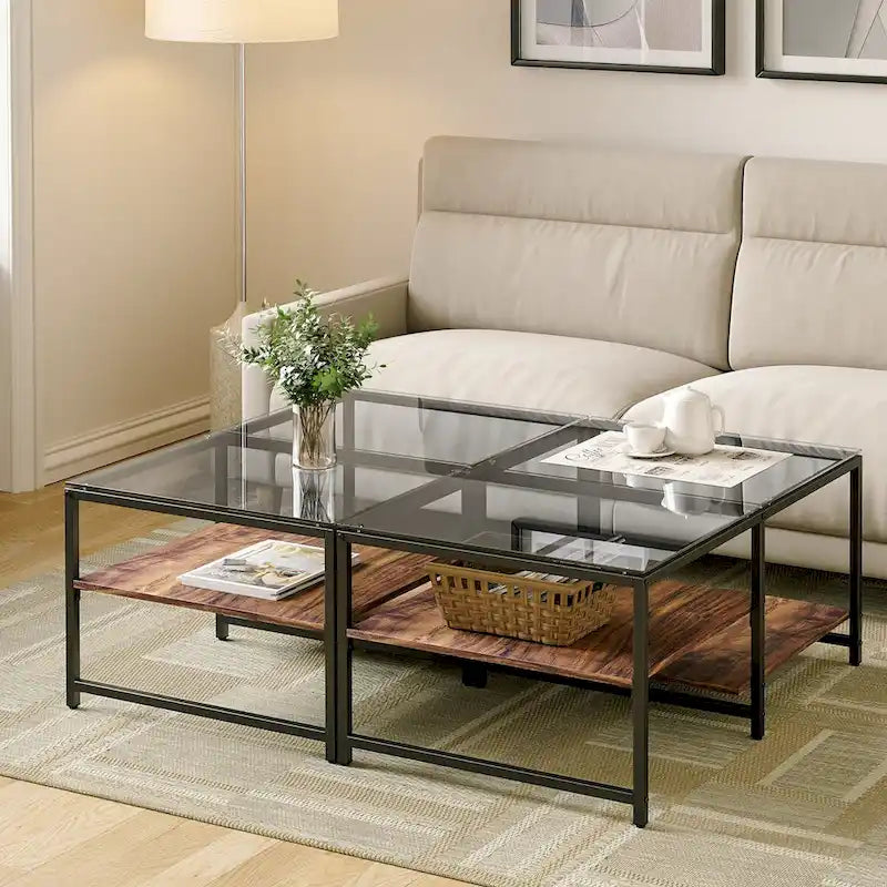 Table basse de ferme en verre avec rangement, métal et bois