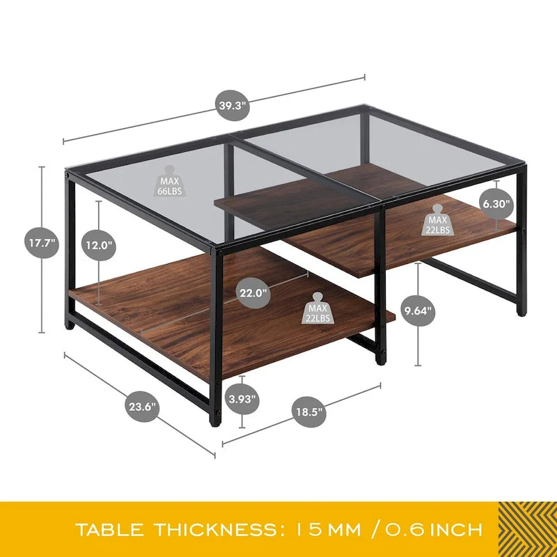 Table basse de ferme en verre avec rangement, métal et bois
