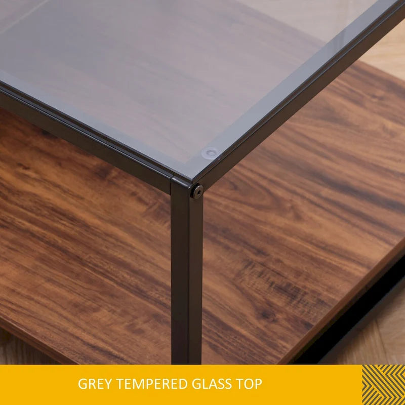 Table basse de ferme en verre avec rangement, métal et bois