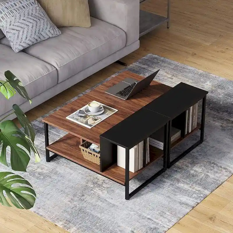 Table basse de ferme en verre avec rangement, métal et bois