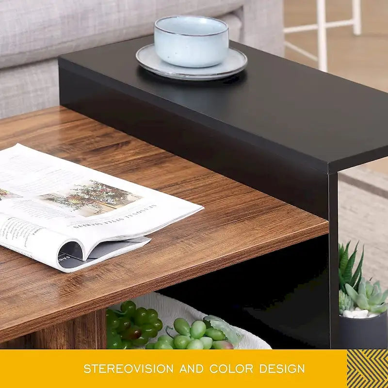 Table basse de ferme en verre avec rangement, métal et bois