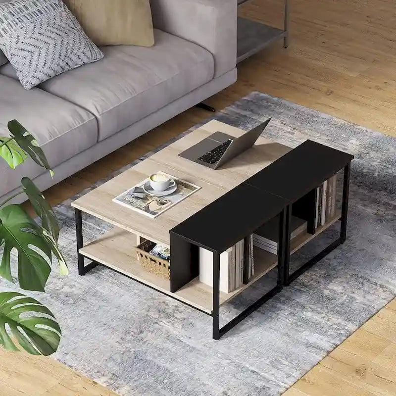 Table basse de ferme en verre avec rangement, métal et bois
