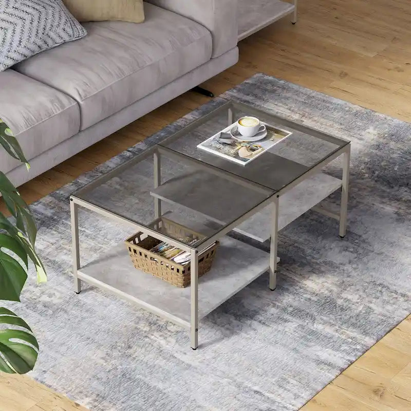 Table basse de ferme en verre avec rangement, métal et bois
