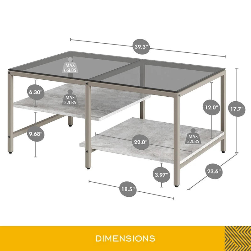 Table basse de ferme en verre avec rangement, métal et bois