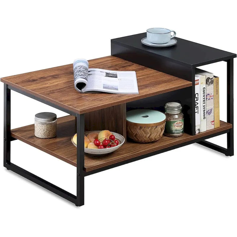 Table basse de ferme en verre avec rangement, métal et bois