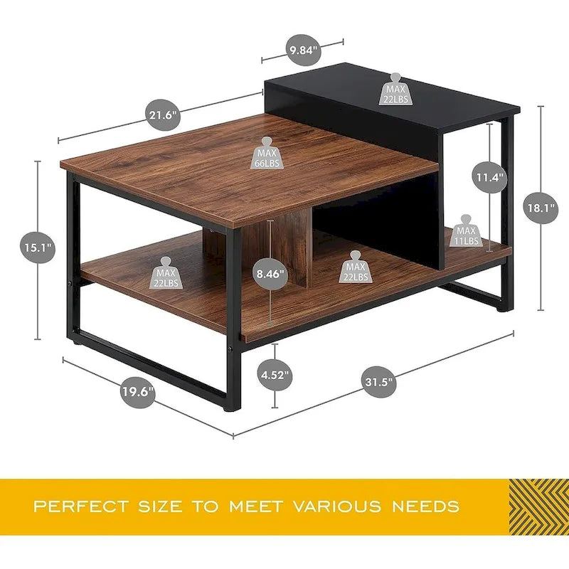 Table basse de ferme en verre avec rangement, métal et bois