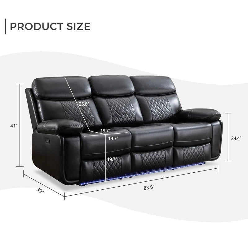 Canapé inclinable électrique avec chargeur sans fil, liseuse, lumière LED pour salon, similicuir, port AC/USB, porte-gobelet, noir