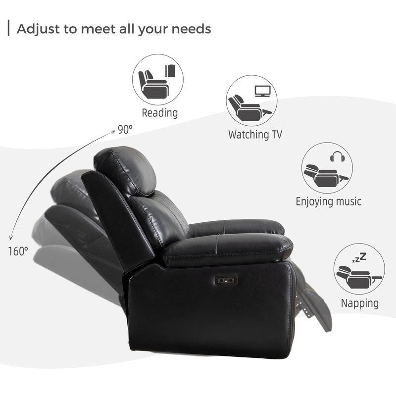 Canapé inclinable électrique avec chargeur sans fil, liseuse, lumière LED pour salon, similicuir, port AC/USB, porte-gobelet, noir
