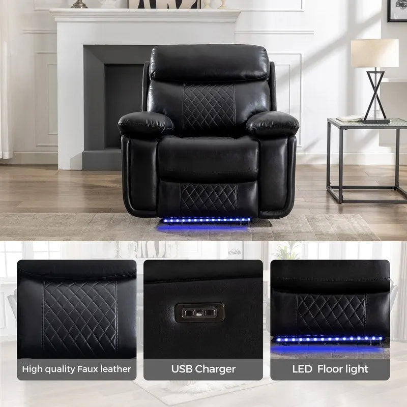 Canapé inclinable électrique avec chargeur sans fil, liseuse, lumière LED pour salon, similicuir, port AC/USB, porte-gobelet, noir