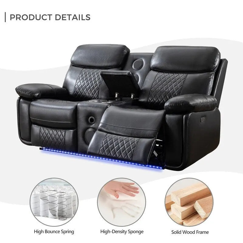 Canapé inclinable électrique avec chargeur sans fil, liseuse, lumière LED pour salon, similicuir, port AC/USB, porte-gobelet, noir