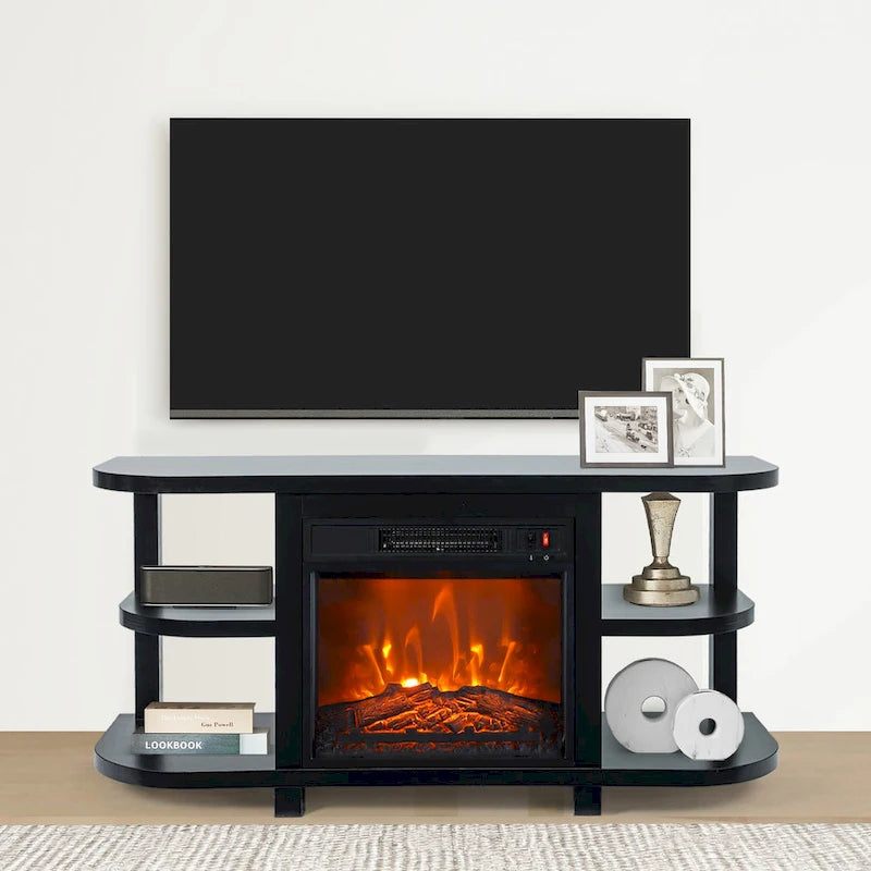 Meuble TV moderne noir avec cheminée électrique, pour téléviseurs jusqu'à 55 pouces (48")