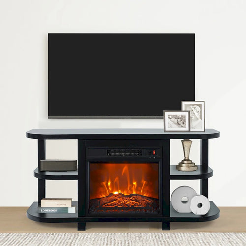 Meuble TV moderne noir avec cheminée électrique, pour téléviseurs jusqu'à 55 pouces (48")