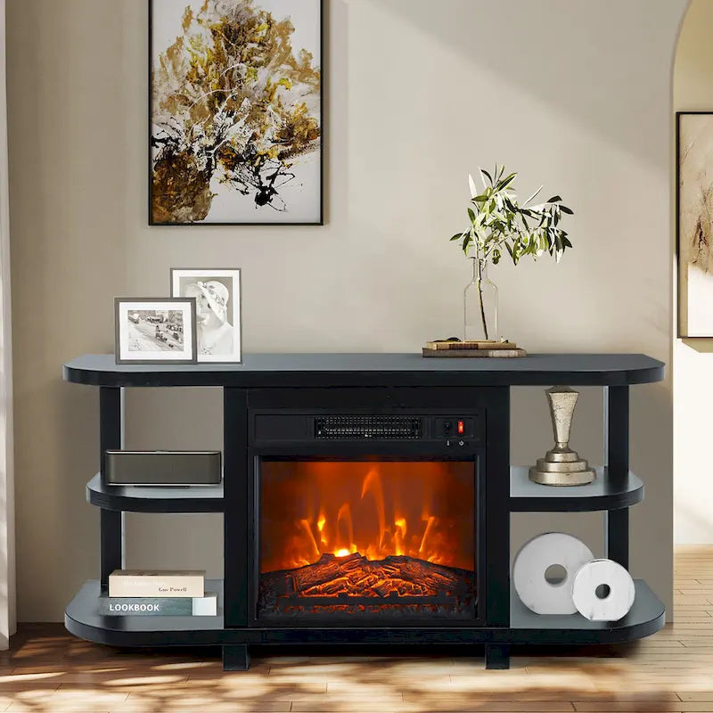 Meuble TV moderne noir avec cheminée électrique, pour téléviseurs jusqu'à 55 pouces (48")