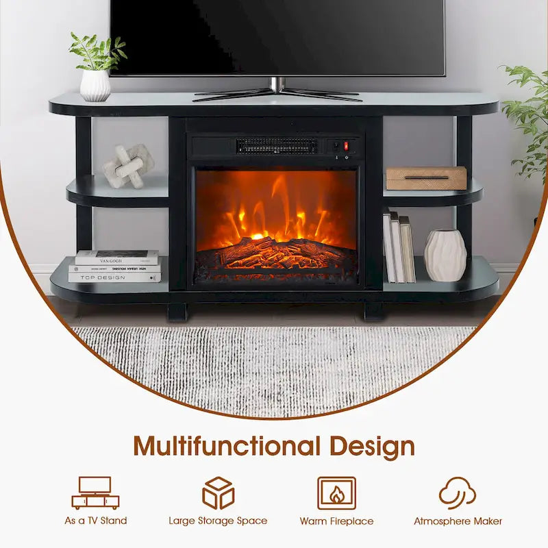 Meuble TV moderne noir avec cheminée électrique, pour téléviseurs jusqu'à 55 pouces (48")
