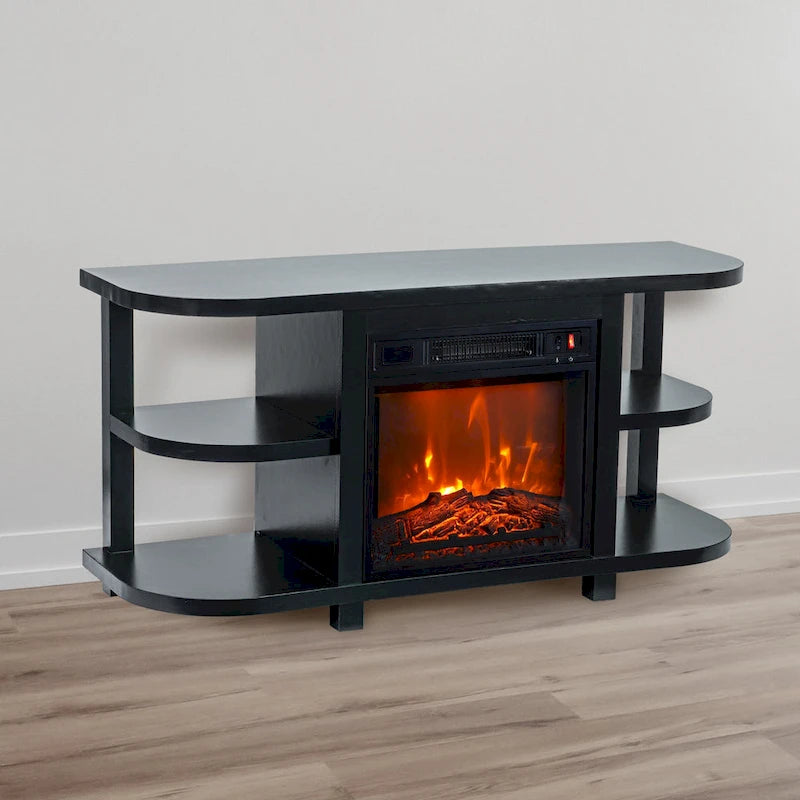 Meuble TV moderne noir avec cheminée électrique, pour téléviseurs jusqu'à 55 pouces (48")