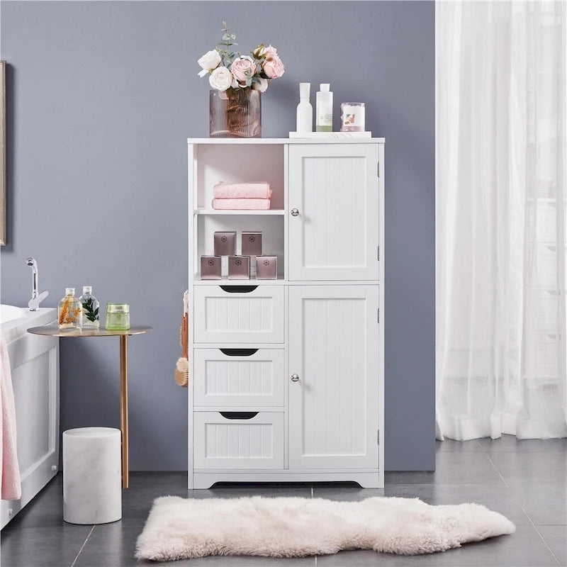 Meuble de rangement de salle de bain avec compartiments ouverts, blanc
