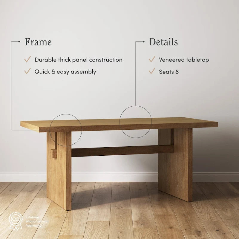 Table à manger moderne pour 6 personnes, rectangulaire avec pieds en bois massif