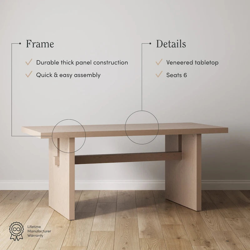 Table à manger moderne pour 6 personnes, rectangulaire avec pieds en bois massif