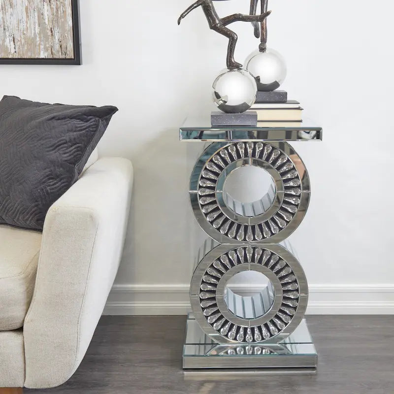 Table d'appoint en verre avec miroir et embellissements en cristal